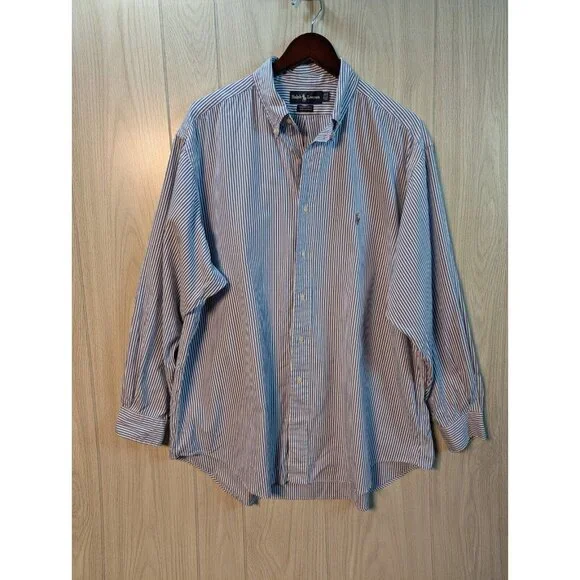 Vtg Ralph Lauren Shirt 17.5 35 Yarmouth 100% cotton Striped Blue Long Sleeve - Picture 1 of 7